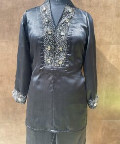 BLACK SATIN EMBROIDERED CORD SET